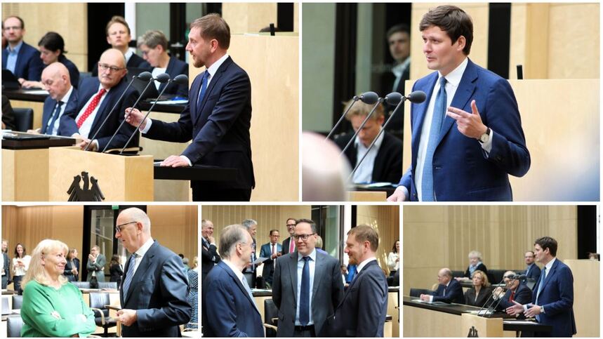 Eine Collage der Bundesratssitzung im Bundesrat in Berlin zeigt Männer und Frauen bei der Abstimmung und beim Halten ihrer Reden.