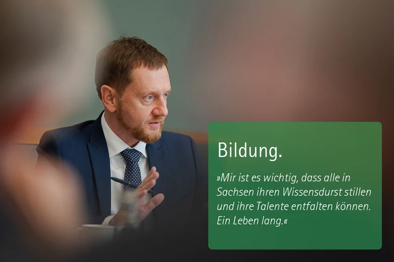 Ein Mann. Zitat: Bildung. »Krieg und Terrorismus machen uns deutlich, wie wertvoll der Frieden und wie wichtig Sicherheit ist. Ich arbeite dafür, dass alle Menschen in Sachsen sicher leben.«