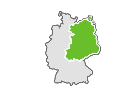Eine stilisierte Deutschlandkarte auf der die neuen Bundesländer grün markiert sind.