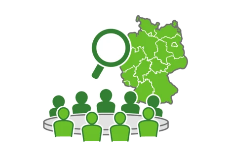 Eine stilisierte Grafik zeigt Menschen an einem Konferenztisch. Dahinter eine Lupe.