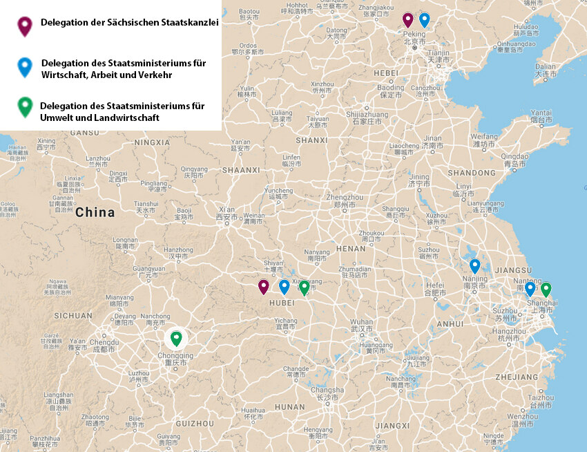 Ein Karte von China mit Pinnmarken.