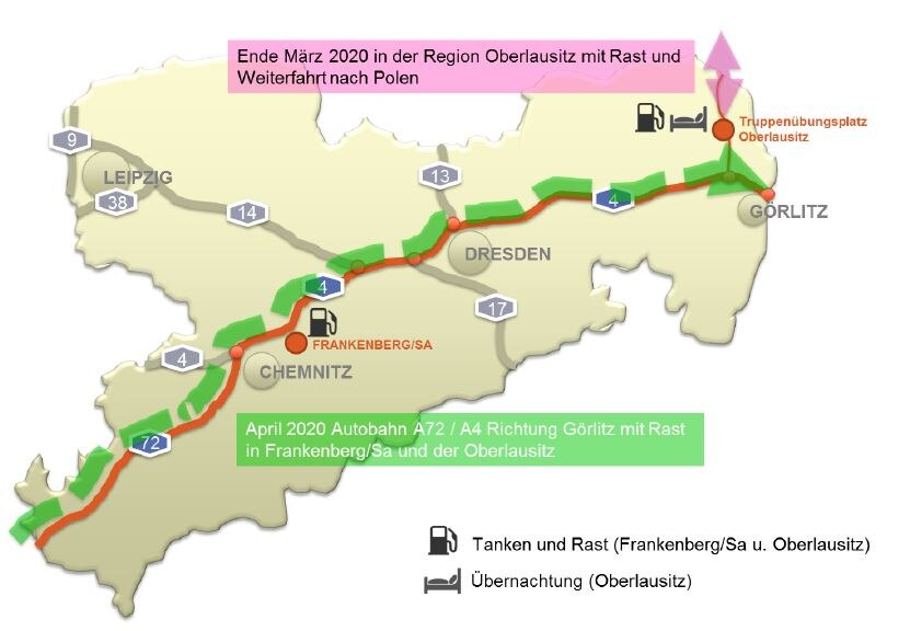 Eine Karte von Sachsen mit den wichtigsten Transitstrecken zu DEFENDER 2020.