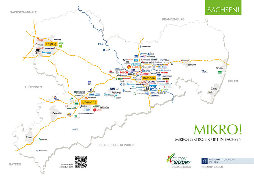 Eine Karte zeigt die Mikroelektronikstandorte in Sachsen.