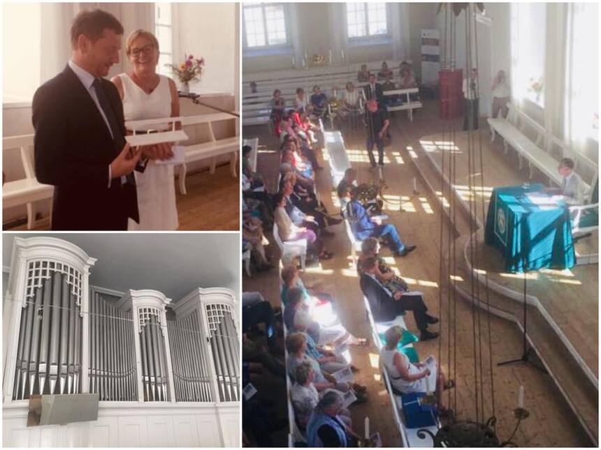 Eine Fotocollage zeigt ein Foto von einer Orgel und ein Foto mit Menschen, die in einer Kirsche sitzen.