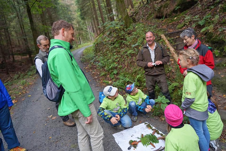 Ein Mann schaut Kindern zu, die im Wald Blätter sammeln.