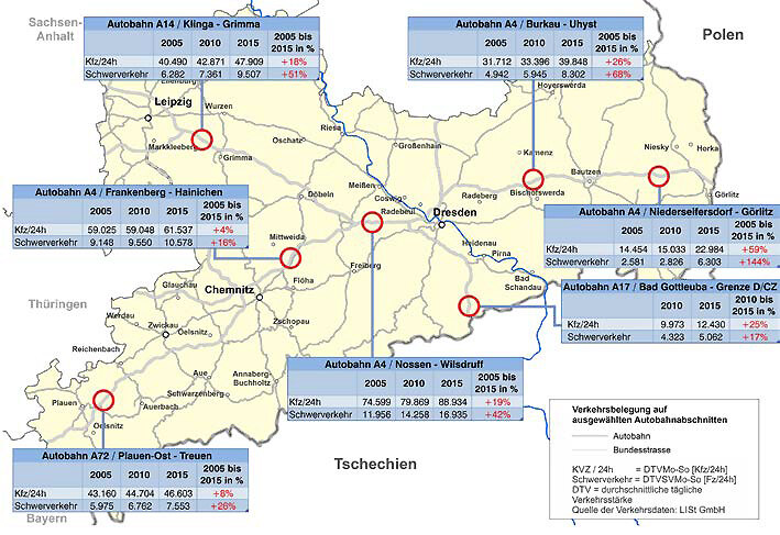 Eine Landkarte zeigt die Autobahen in Sachsen.